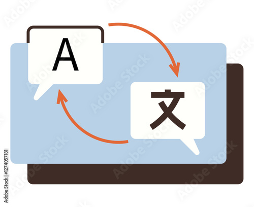 Two speech bubbles with text in different languages connected using curved arrows, representing translation or communication. Ideal for globalization, multilingual learning, language apps