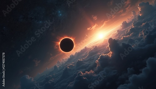 Total solar eclipse seen from space. The sun is behind the earth, which casts shadow. The earth is covered with clouds. Generative AI image of space view. Sunlight glow. Plasma prominence.