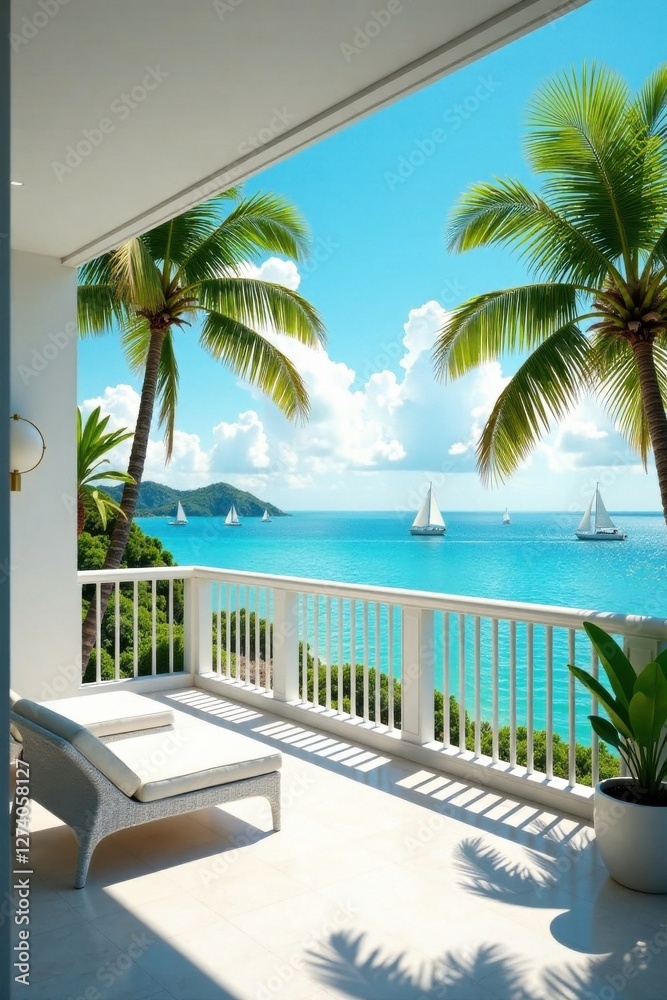 Fototapeta premium Serene Ocean View from a Luxurious White Balcony with Comfortable Lounge Chairs and Lush Tropical Greenery