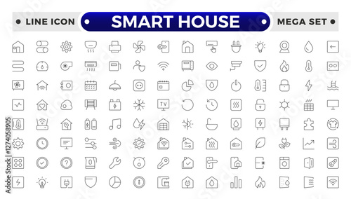 Line icons about smart house. Sustainable development. Contains such icons as renewable energy, autonomous building, air and water quality.