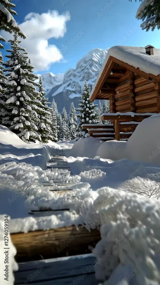 custom made wallpaper toronto digitalCozy wooden cabin surrounded by snow-covered trees and mountains under a clear blue sky
