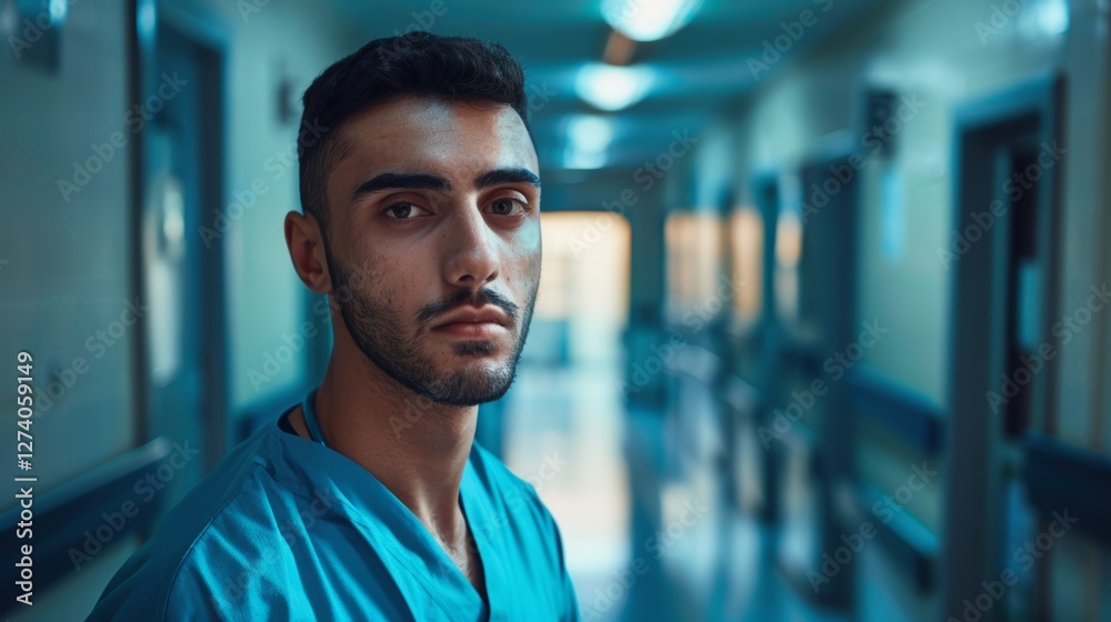 Obraz premium The image features a male medical professional, likely a doctor or nurse, standing in an empty hospital corridor.
