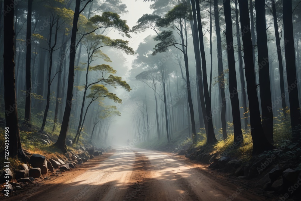 Obraz premium there is a dirt road that is surrounded by trees and rocks