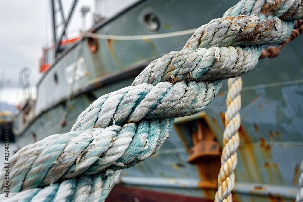 Rope securing a large fishing boat in the harbor. Generative Ai Rope securing a large fishing boat in the harbor. Generative Ai