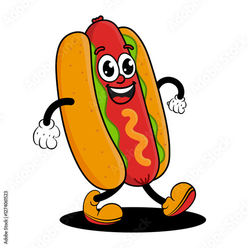 Vector illustration of a funny cartoon hot dog mascot in a retro rubber hose style. Cheerful fast food character with mustard and lettuce, walking confidently.