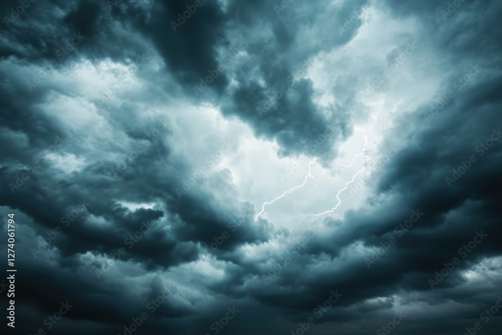 Obraz premium A dramatic stormy sky with dark clouds and lightning bolts streaking across the horizon. 