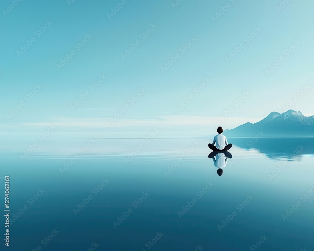 Fototapeta premium Woman sitting on a calm lake surface in a lotus position, blending surrealism with peaceful meditation