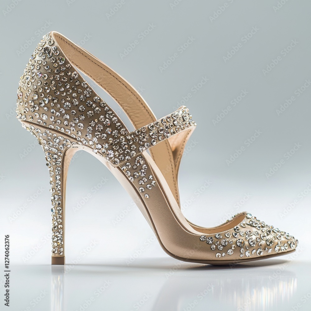 Obraz premium Elegant beige high heel shoe adorned with sparkling rhinestones, a fashionable and glamorous accessory for special occasions, set against a clean studio backdrop.