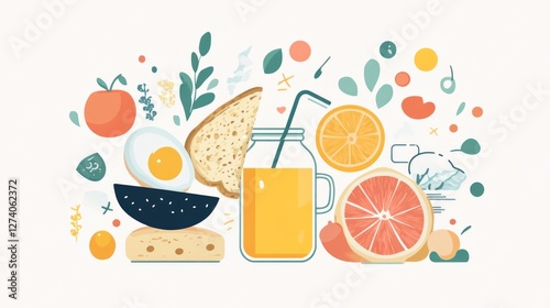 Healthy breakfast arrangement, fruits, juice, bread, egg photo