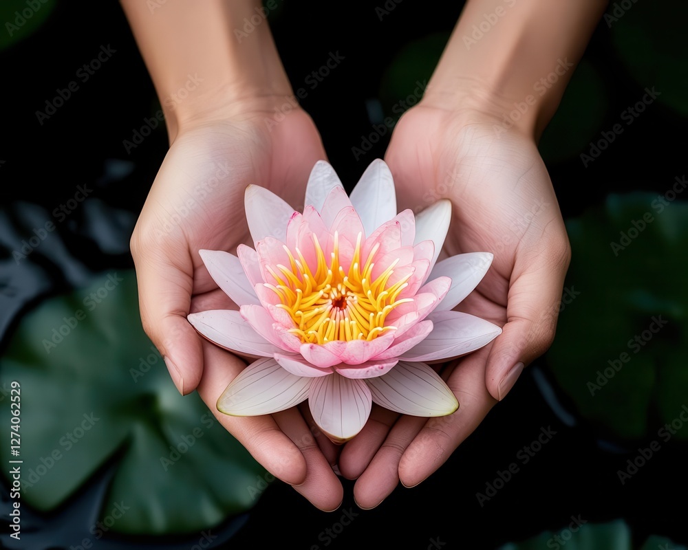 Hands gently holding a floating lotus flower, symbolizing mindfulness, purity, and spiritual awakening Hands gently holding a floating lotus flower, symbolizing mindfulness, purity, and spiritual awakening