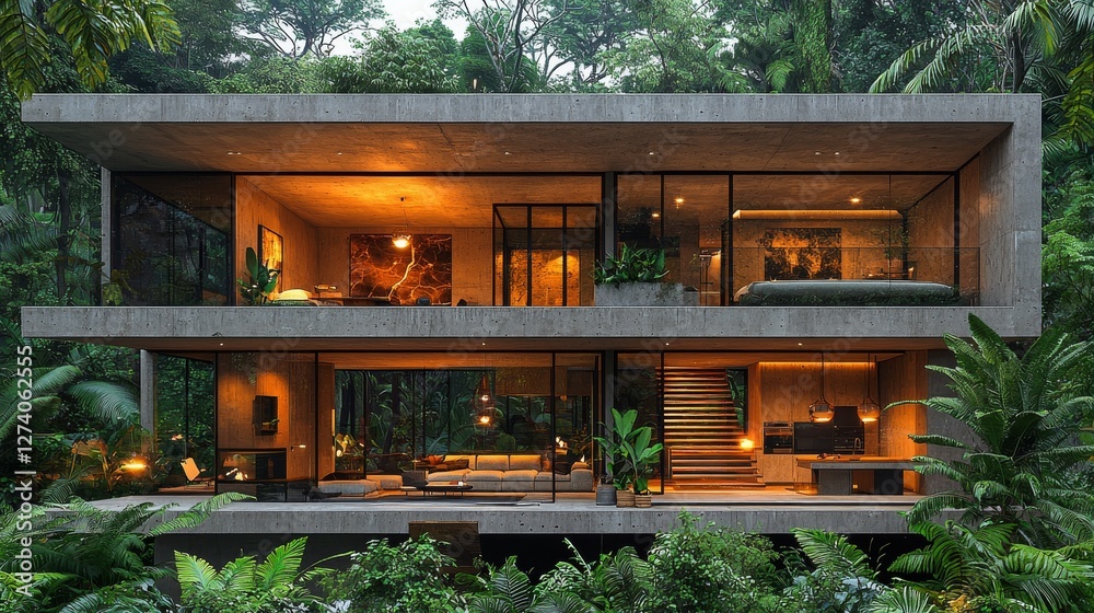 This stock photo features a modern concrete house with an open layout, glass walls, and a seamless transition between indoor and outdoor living areas This stock photo features a modern concrete house with an open layout, glass walls, and a seamless transition between indoor and outdoor living areas