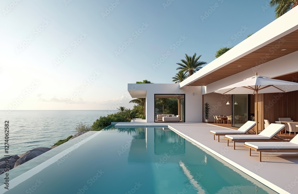 Fototapeta premium Luxury modern white beach hotel with infinity pool, sunbeds on sundeck. Vacation home, luxury resort building with sea view. Luxurious villa exterior. Summer holiday at house with swimmingpool.