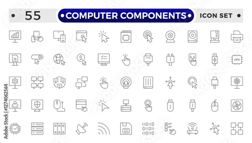 Computer components icon set. Containing online, computer, network, website, server, web design, hardware, software and programming.