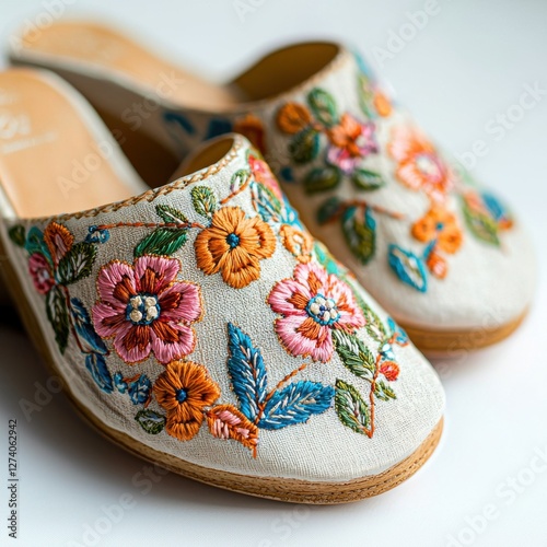 Close-up showcasing a pair of embroidered floral clogs, highlighting artisanal detail and a vibrant color palette on stylish and comfortable spring summer footwear.