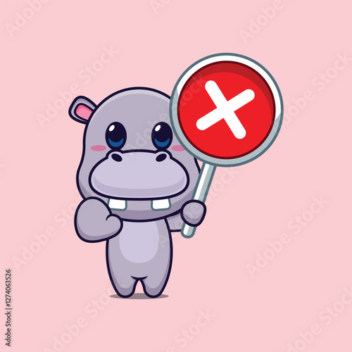 hippo mascot cartoon character vector illustration with wrong sign
