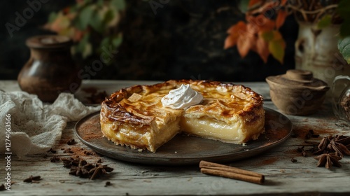 Autumn apple pie on rustic table; delicious dessert; food photography photo