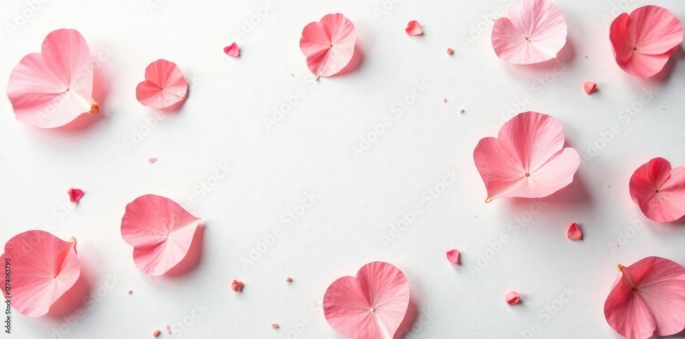 Softly fallen paper petals scattered on white background, calm, gentle, paper texture Softly fallen paper petals scattered on white background, calm, gentle, paper texture