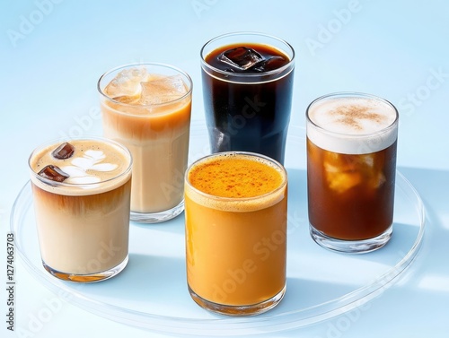 Four cold coffee drinks arranged in a minimalist fashion, each on a clear glass tray. 
