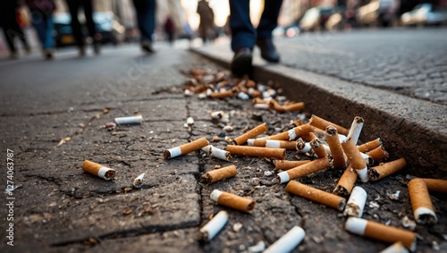 Cigarette butts and smoked cigarettes on the street