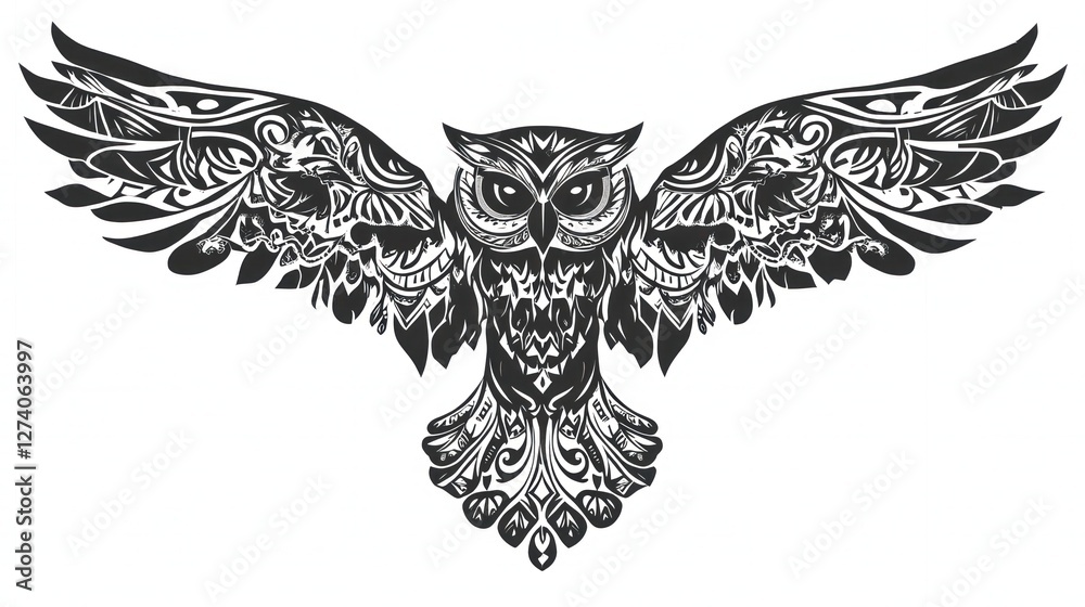 Obraz premium Ornate Owl in Flight; decorative graphic design