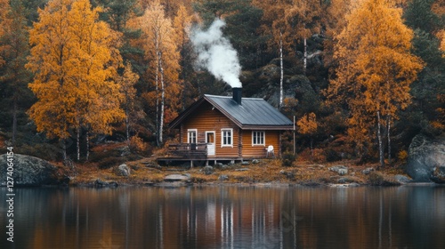 Autumn Cabin by a Lake, peaceful scenery, reflection, forest photo