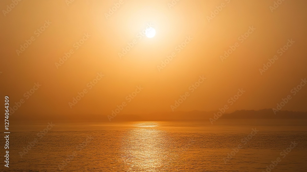 Fototapeta premium Hazy summer horizon showing the sun setting over a calm sea during a heatwave