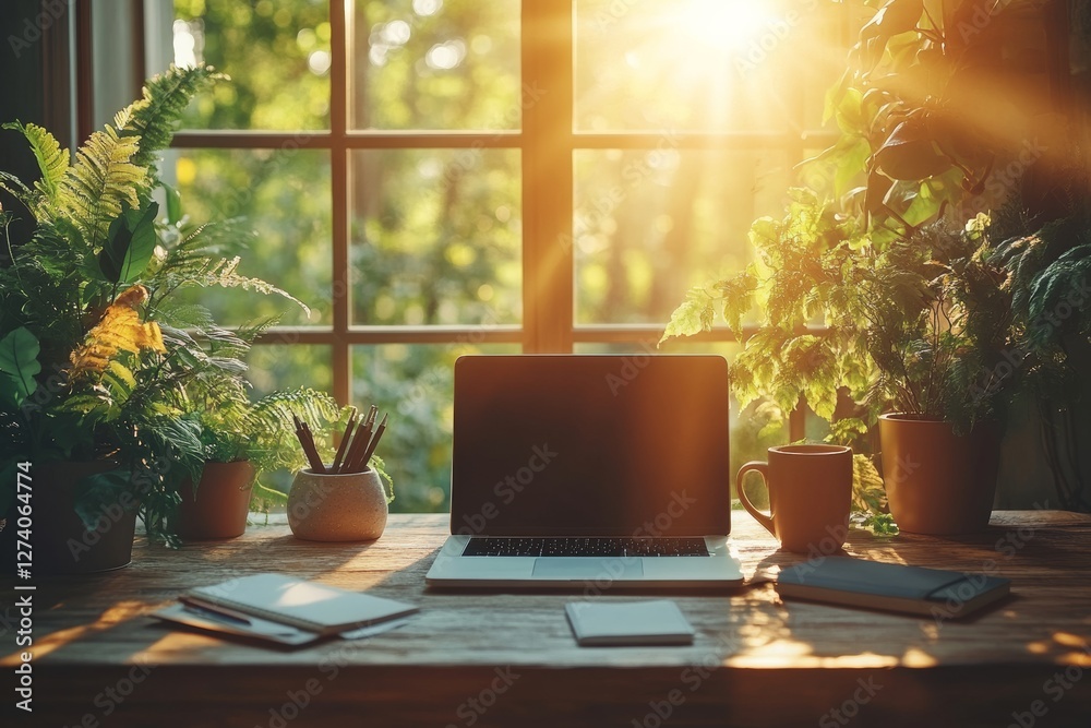 A cozy home office with a laptop. Generative AI A cozy home office with a laptop. Generative AI
