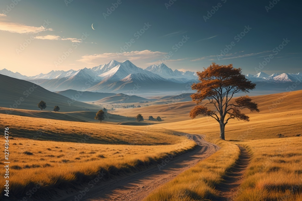 Obraz premium dirt road in a field with a lone tree and mountains in the background