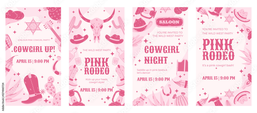 Pink Cowgirl Rodeo Social Media Stories Template with Western-Themed Icons, Boots, Cactus, and Feminine Design for Event Promotions Pink Cowgirl Rodeo Social Media Stories Template with Western-Themed Icons, Boots, Cactus, and Feminine Design for Event Promotions