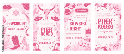 Pink Cowgirl Rodeo Social Media Stories Template with Western-Themed Icons, Boots, Cactus, and Feminine Design for Event Promotions