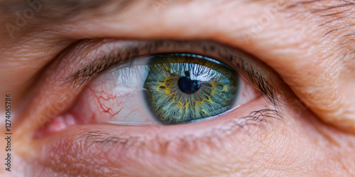 Close-up Photograph of Human Eye with Visible Conjunctival Vessels photo