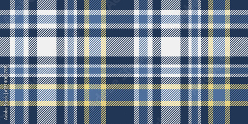 Classic navy blue, white, and yellow tartan plaid pattern in a seamless design
