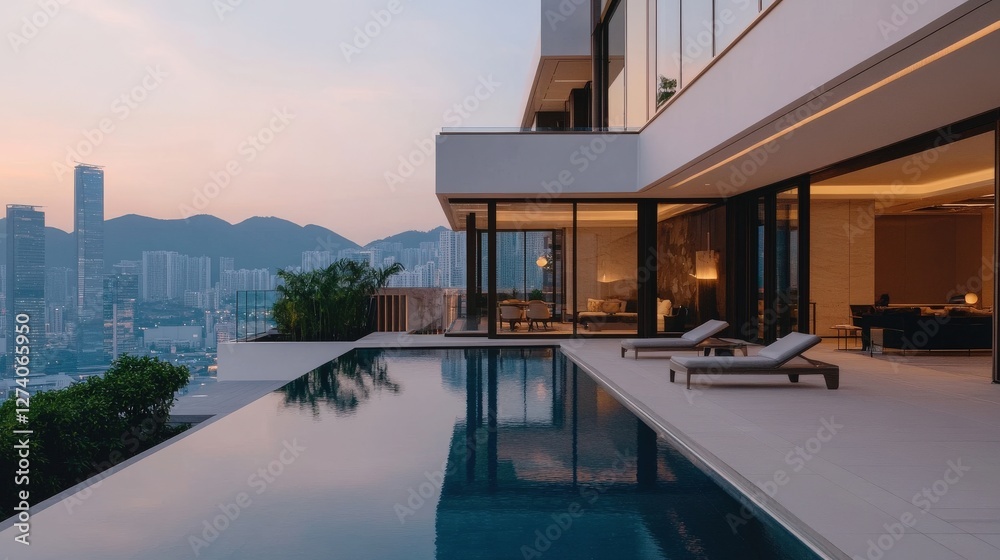 Fototapeta premium Luxury modern apartment with infinity pool overlooking city skyline at dusk