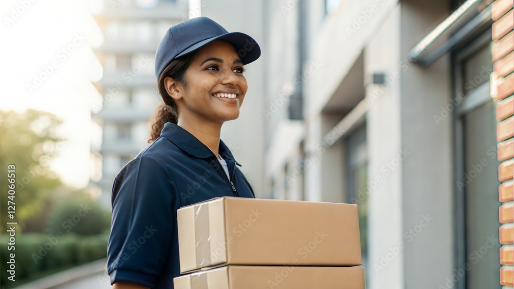 Indian Female Delivery Worker in Uniform Holding a Package – A confident woman courier in a branded uniform, standing in front of a delivery van with a parcel in hand.
Indian Female Delivery Worker in Uniform Holding a Package – A confident woman courier in a branded uniform, standing in front of a delivery van with a parcel in hand.