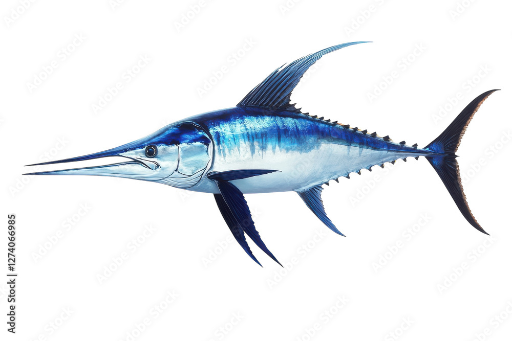 A majestic blue marlin gliding gracefully through vibrant ocean waters during a sunny day isolated on transparent background