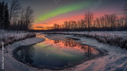 Stunning Aurora Borealis Over Serene Winter Landscape at Dusk