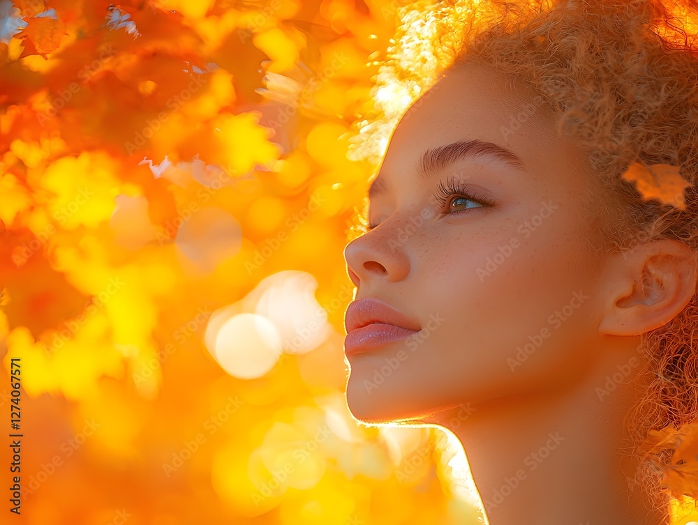 Fototapeta premium Tranquil Profile Portrait of a Pensive Person Amid Glowing Autumn Foliage