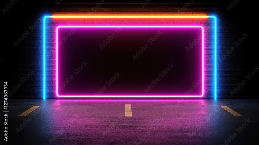 A vibrant neon frame illuminates a dark, empty space, creating a striking visual contrast with colorful lines of light against a smooth surface. A vibrant neon frame illuminates a dark, empty space, creating a striking visual contrast with colorful lines of light against a smooth surface.