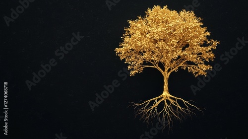 Abstract gold tree concept. Floating Golden Tree with Ethereal Roots Dissolving into Radiant Light