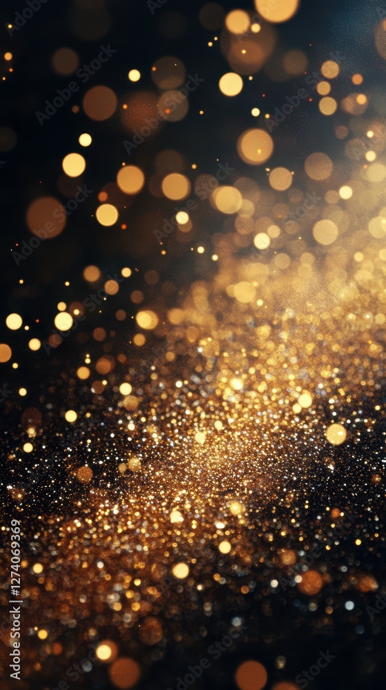 Sparkling golden particles create a mesmerizing glow in a dark background during a festive celebration Sparkling golden particles create a mesmerizing glow in a dark background during a festive celebration