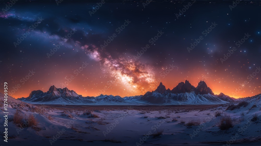 Naklejka premium This image features a panoramic night sky view of the Milky Way galaxy arching over a desert landscape, complete with a dirt road and snow-capped mountains in the distance