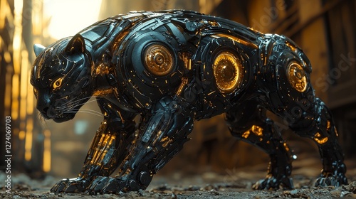 The provided caption and keywords for the stock image are: Mechanical panther, dark metal, futuristic design, industrial setting