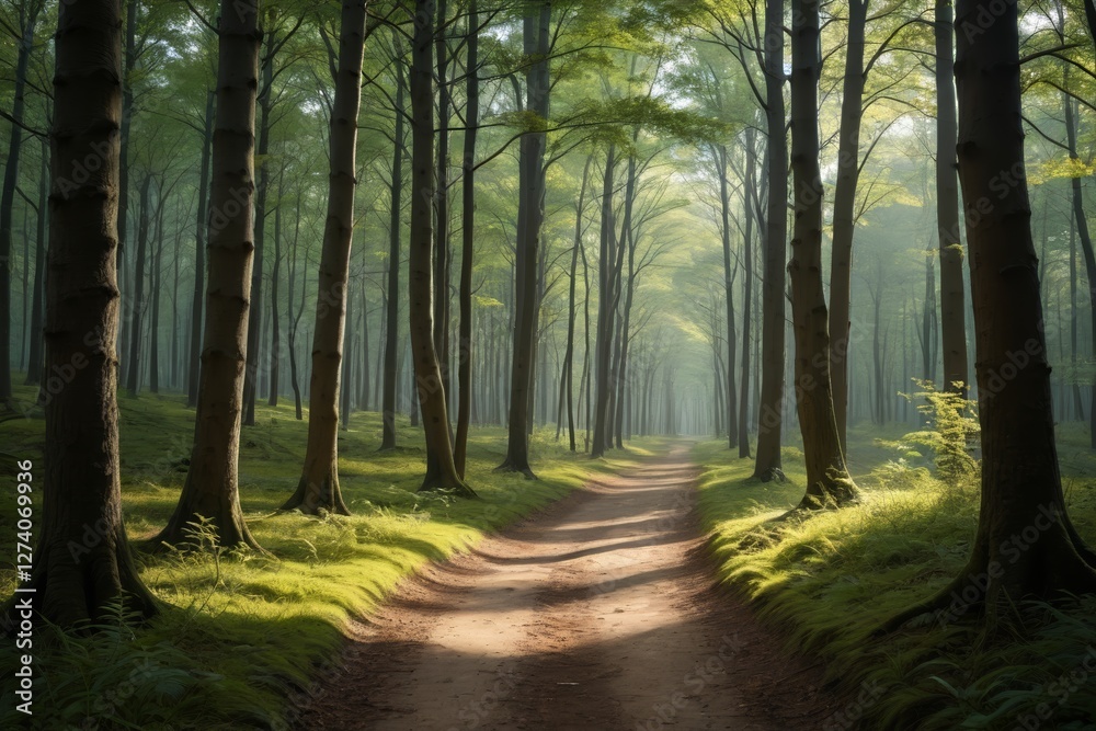 Naklejka premium there is a dirt road that is surrounded by trees in the woods