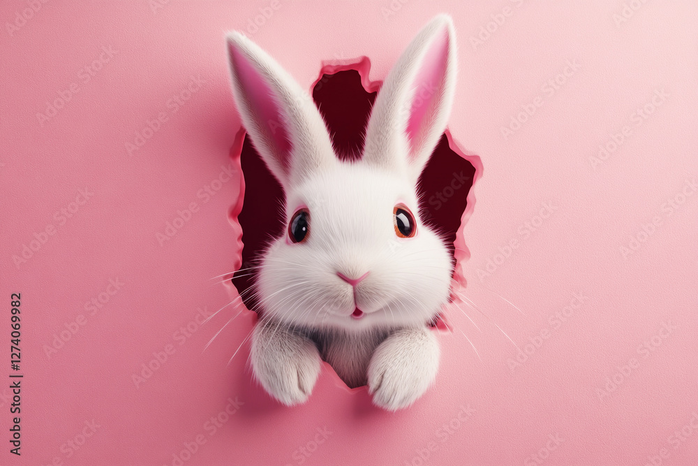 Obraz premium An Easter bunny with fluffy ears peeking from a hole in a vibrant pink wall, perfect for Easter flyers or lighthearted wallpaper designs