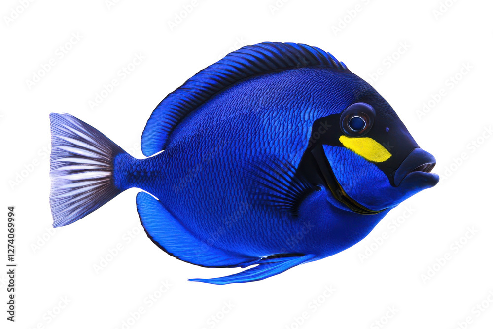 Vibrant blue fish swimming gracefully in clear water on a sunny day in a coral reef habitat isolated on transparent background