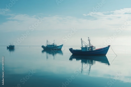 fishing boats floating on the placid sea, with faint reflections of the boats shimmering in the calm water beneath a bright morning sky.