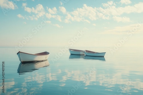 fishing boats floating on the placid sea, with faint reflections of the boats shimmering in the calm water beneath a bright morning sky.