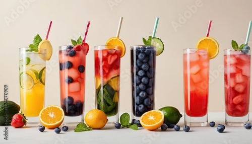 Refreshing vibrant fruit infused beverages, creatively presented composition photo