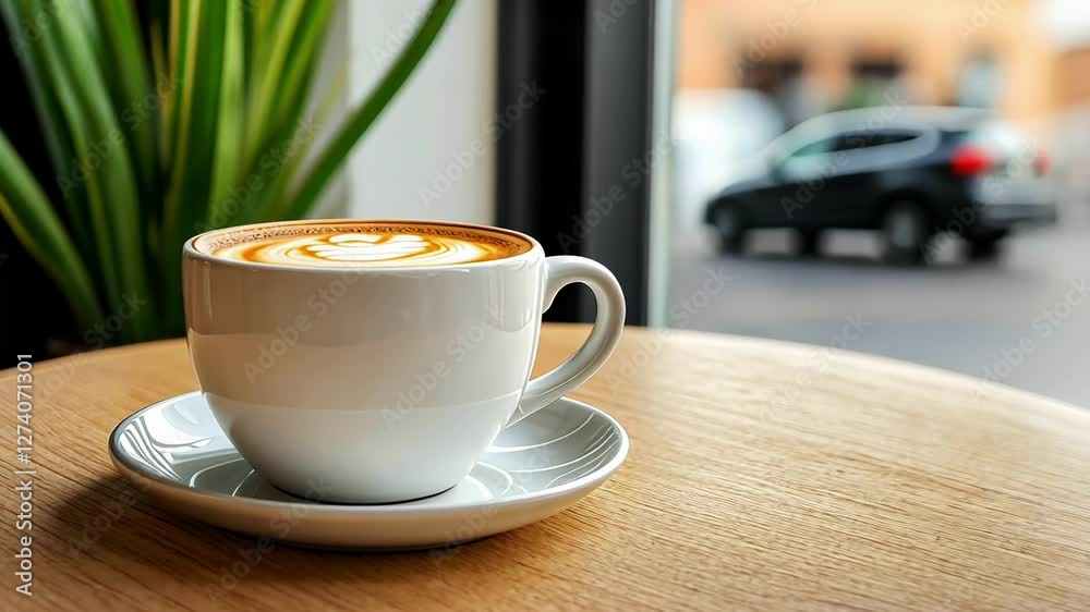 Smooth focus transition on latte art cafe scene with passing car outside Smooth focus transition on latte art cafe scene with passing car outside