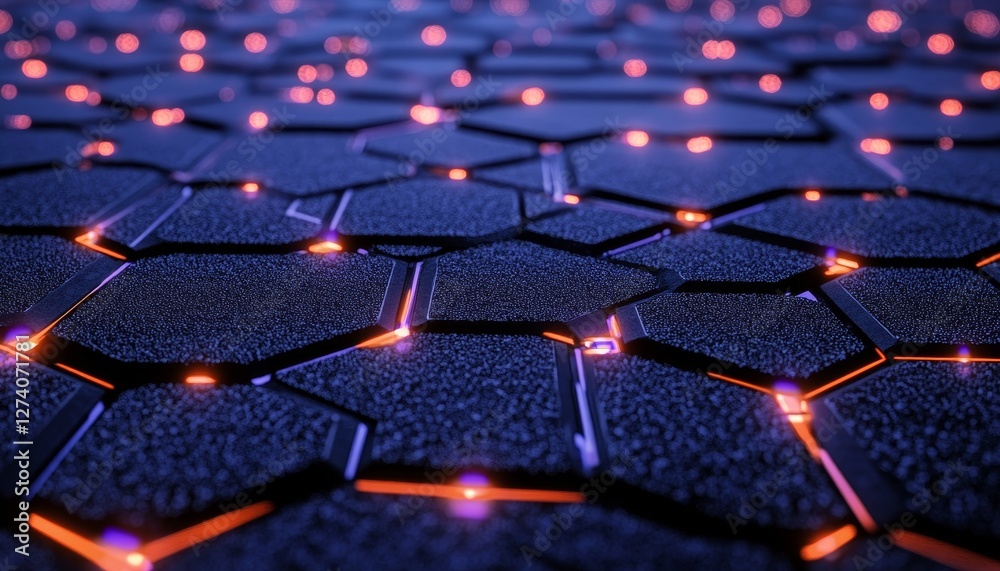 Fototapeta premium Neon Blue Connecting Hexagonal Pattern on Black Backdrop, Sci Fi Futuristic Technology Background